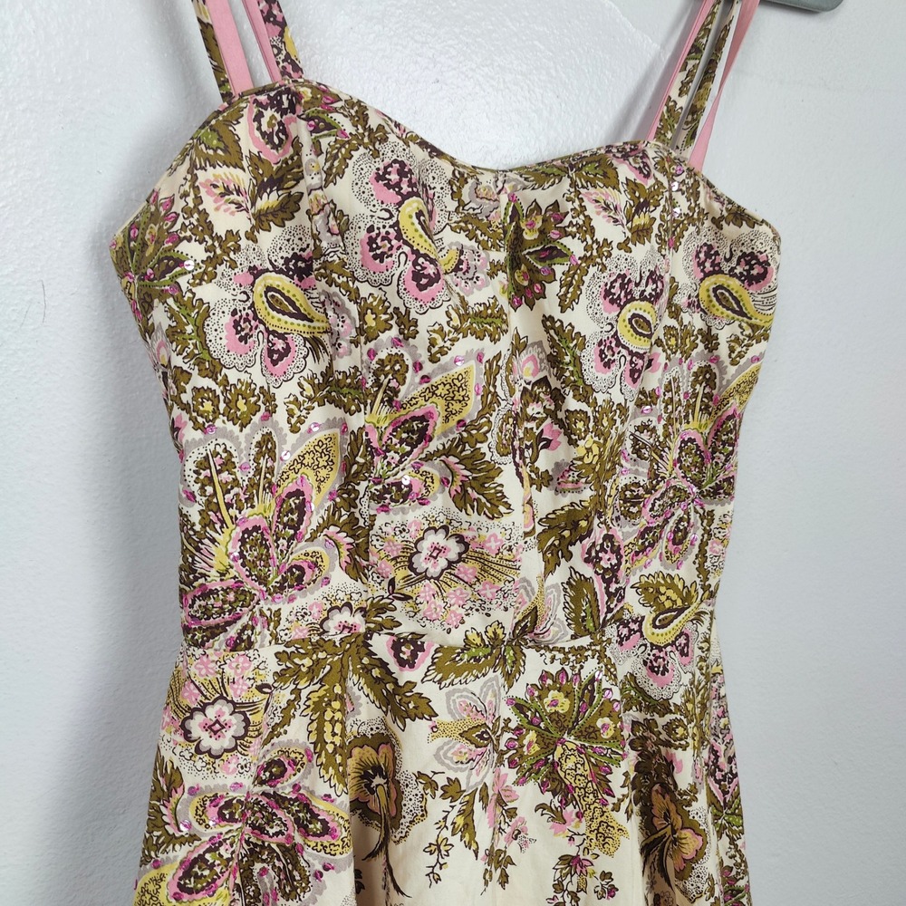Vintage Anthropologie Elevenses Dress Womens 2‎ Cream Floral Print Sequins Boho - Picture 3 of 13